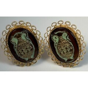 Lewis Segal Earrings Clip On Gold Tone Glass Grecian Urn Vase Cameo 1960s